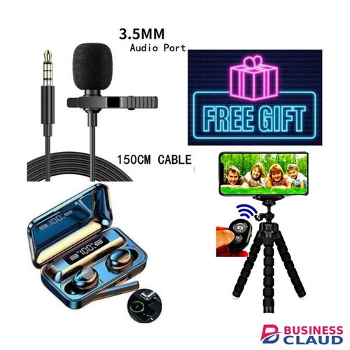 F9 Strong Bass Earphones Bluetooth Wireless Earbuds // Ear Buds For Tecno Spark 20, 6.6'' HD+, UP To 8GB RAM + 128GB ROM (Dual Sim) + GIFTS Selfie Tripod Stand, Professional Lapel Microphone