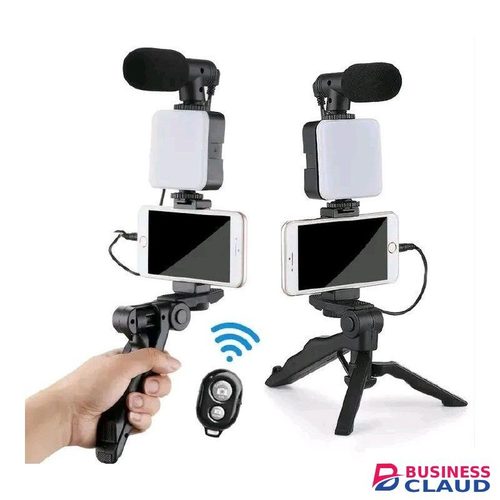 Camera Video Recording Vlogging Kit For Video Making, Mic, Mini Tripod Stand, LED Light & Phone Holder Clip For Making Videos Podcasting Black Battery Operated Light
