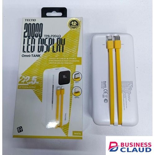 Tecno TPB-P204Q, 20000mAh LED Display, 22.5W Fast Charging Power Bank,2 BUILD-IN CABLES & 3 PORTS