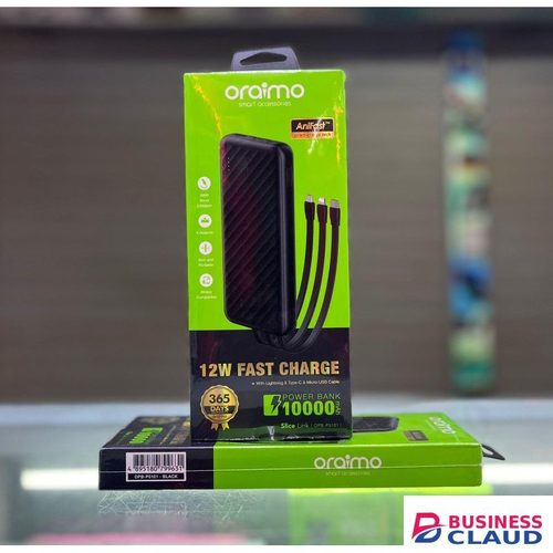 21 G Oraimo Slice Link 10 - 10000mAh Power Bank - 3 Built-in Cables - 12W Fast Charge