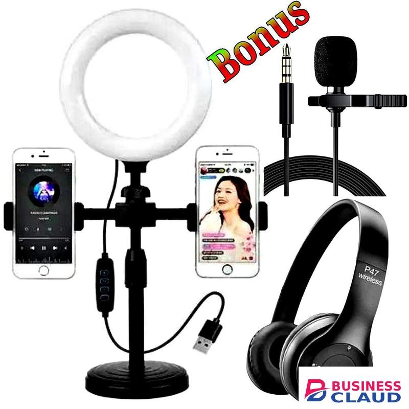 Adjustable Phone Stand Ring Light for Clear Lighting // Lapel Microphone // Headphones