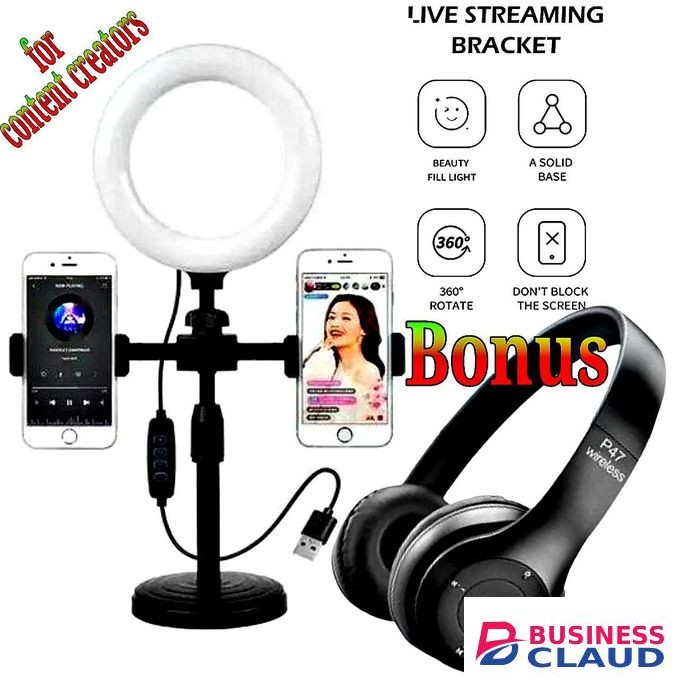 Adjustable Phone Stand Ring Light for Clear Lighting // Wireless Bluetooth headphones