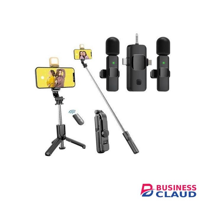 Lavalier 3.5mm / USB C/ LIGHTNING Dual Wireless Microphone 3in1 With Selfie Stick Tripod Stand For Recording Vlog 2Mic + 1Rec Iphone, Camera DSLR