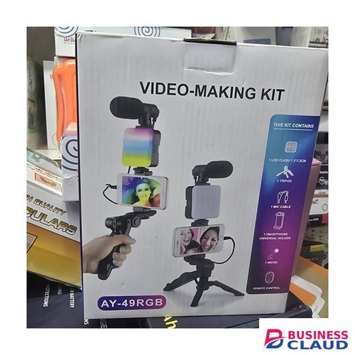 AY-49 RGB Video Making Kit with LED Light Microphone Tripod & Phone Holder for Vlogging and Live Streaming