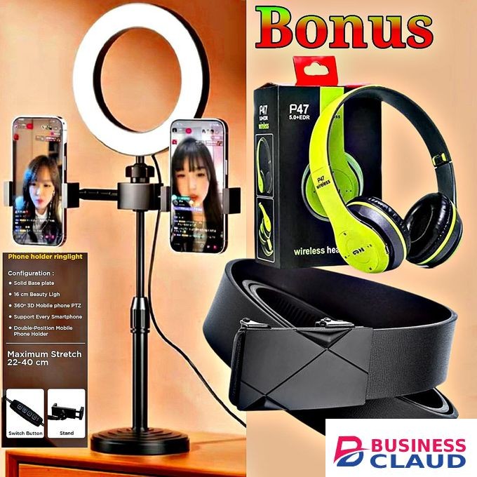Adjustable Phone Stand Ring Light for Clear Lighting // Bluetooth Wireless headphones // Buckle Leather Belt