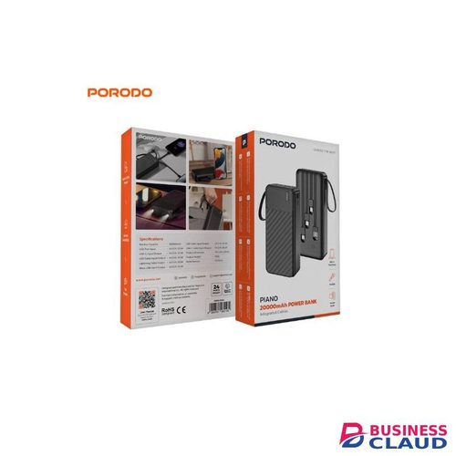 Porodo PDPBJ34 Piano 20000mAh Power Bank with Integrated Cables, Built-in Phone Stand, Integrated Flashlight and Fast Charging - Black