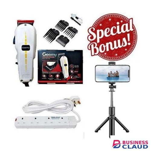 Geemy Hair Clipper Professional Kinyozi Barber Shaving Machine + 4-Way Power Extension & Smartphones Tripod Selfie Stand