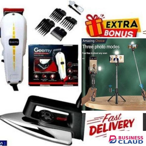 Geemy ELECTRIC Professional HAIR Clipper SHAVER / Beard Trimmer- Shaving MACHINE-KINYOZI + GIFTS ELECTRIC IRONING BOX // IRONBOX 1000W & 3 in 1 mode tripod stand