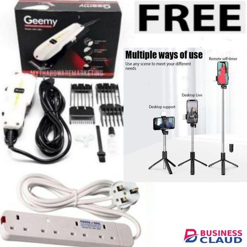 Geemy BEST ELECTRIC SHAVER FOR KINYOZI BUSINESS AND SALON PROFESSIONAL HAIR SHAVING ELECTRIC HAIR KINYOZI MACHINE +TRIPOD STAND / SELFIE STICK AND CAMERA CONTROLLER AND 4 WAY POWER EXTENSION