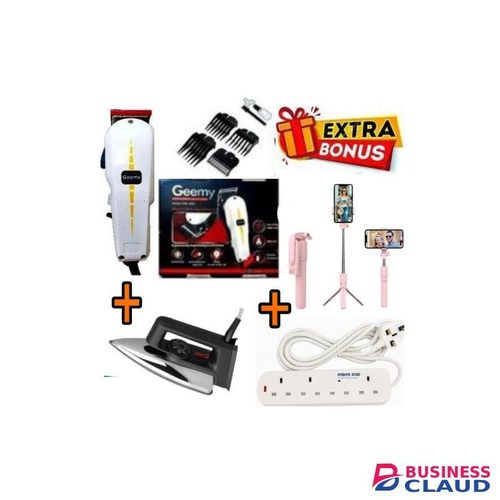 Geemy ELECTRIC SHAVER //PROFESSIONAL HAIR Clipper SHAVER / BEARD TRIMMER- SHAVING MACHINE-KINYOZI + GIFTS ELECTRIC IRONING BOX // IRONBOX 1000W & TRIPOD STAND + 4- WAY EXTENSION WHITE