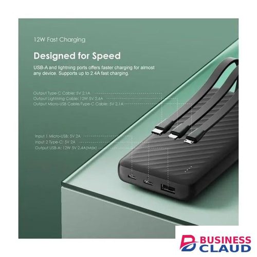 Oraimo Slice Link 10000mAh 12W Power Bank - Built-in 3 Cables (Lightning + Type-C + Micro-USB), 4 Outputs, Fast Charging, Slim Portable Design, Multi-Layer Protection