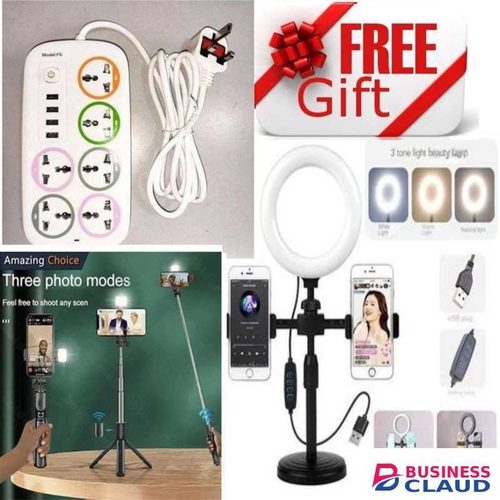6 Way Quality Extension Socket With A Long Cable+ ring light tripod atnd + selfie tripod stand