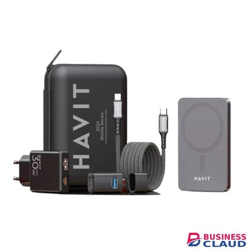 Havit STK088 Mobile Series Power Bank 2024 Gift Kit, Fast Charging, 5000mAh Wireless Powerbank, 5000mAh Wireless Powerbank, Mini Type-C to HUB, Ultra-Thin 30W A+C Charger, Carrying Bag - Black