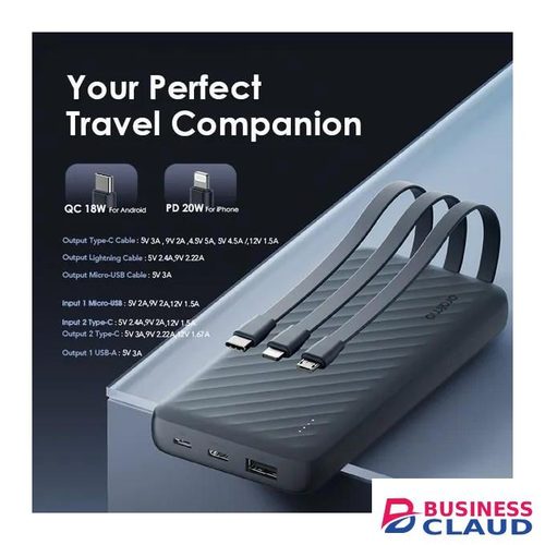 Oraimo Slice Link Pro 10000mAh 22.5W Power Bank - 3 Built-in Cables (Lightning + Type-C + Micro-USB), 5 Outputs, PD 20W & QC 22.5W Fast Charging, 5000-Bend Lifespan, Multi-Layer Protection
