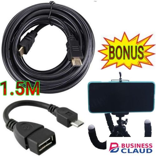 Strong High Speed HDMI Cable Full HD - Black + FREE GIFTS OTG Connect Kit Cable, Phone Tripod Selfie Stand