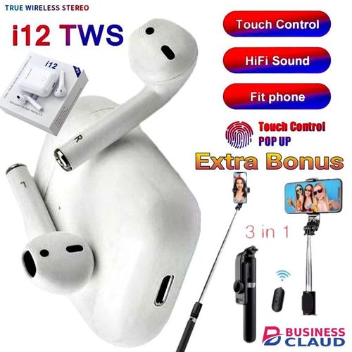 TWS i12 Wireless Bluetooth Earpond & Tripod Stand Selfie Stick
