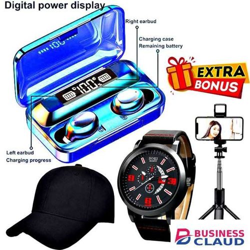 TWS F9-5 TWS Bluetooth, Selfie stick tripod stand, Quartz Watch, Baseball Cap