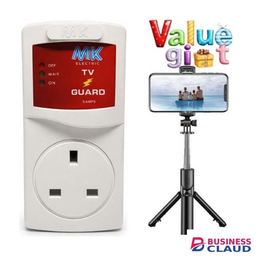 MK Electronic TV Guard Voltage Power Protector Against Power Surges & Power Fluctuations For All TVs + FREE Smartphone Tripod Selfie Stand