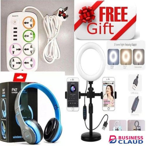 Iron Box And Electric Kettle Support 6 Way Power Extension + RINGLIGHT + P47 HEADPHONES TRIPOD STAND
