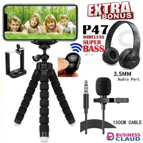 P47 Bluetooth Strong Bass Headphones, Head phones With Radio Audio + GIFTS Smartphone Tripod Stand, Mobilephone Microphone