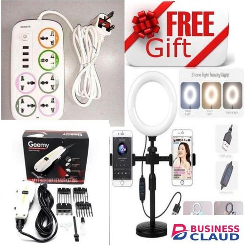 Power King Extension Cable With 6 AC Power Outlets, 13A, And 2 M Long Cable + ringlight tripod stand and electric shaving machine
