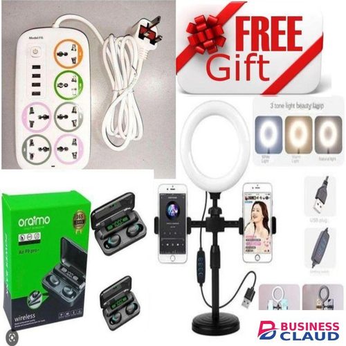 6 Way Extension Socket – Extra Long Cable, Safety Shuttered Sockets, Heat-Resistant– Perfect for Home, Office & Outdoor (White)+ ring light tripod atnd + earbuds