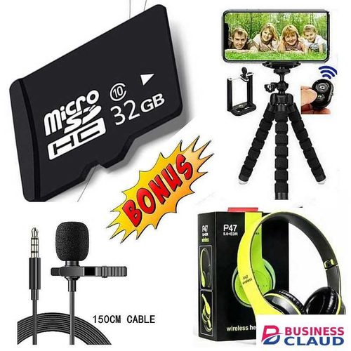P47 Bass Bluetooth Foldable Adjustable Headphones For Smartphones Adroid Phones + GIFTS 32BGB High Speed Memory Card 32 GB, Lapel Microphone, Selfie Tripod Stand