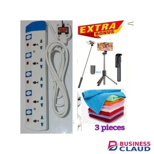 Powermax Power King 5-WAY ELECTRIC EXTENSION CABLE 1 PIECE // Power Extension With Fuse – DURABLE BUILD // EXTENSION SOCKET FOR IRON BOX AND HOME ELECTRONICS LIKE VITRON SMART TV AND IRON BOX LIKE PHILIPS AND LYONS + TRIPOD SELFIE STAND AND 3 FACE TOWELS