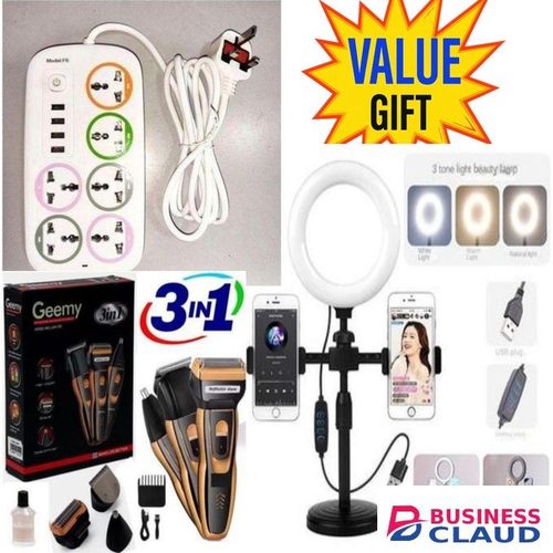 6 WAY POWER EXTENSION BOARD, WITH 3 USB PORTS, SURGE PROTECTED SOCKET, STRONG POWER CABLE, FOR SMART TV, HOME THEATRE, FRIDGE GUARD, AND ENTERTAINMENT SETUP. + ELECTRIC 3 IN 1 SHAVING MACHINE + RINGLIGHT TRIPOD STAND