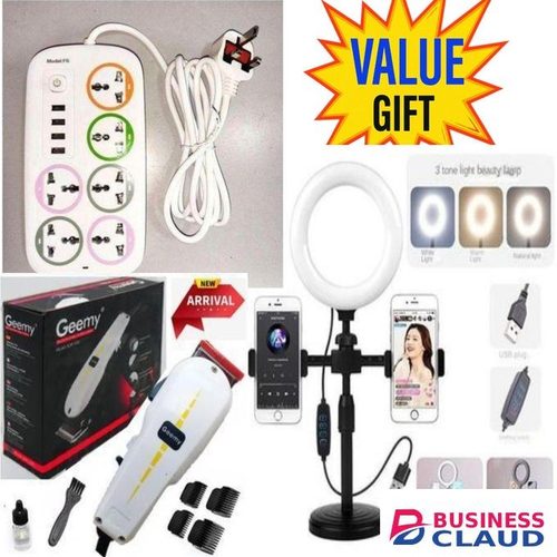 6 WAY POWER EXTENSION BOARD, WITH 3 USB PORTS, SURGE PROTECTED SOCKET, STRONG POWER CABLE, FOR SMART TV, HOME THEATRE, FRIDGE GUARD, AND ENTERTAINMENT SETUP. + ELECTRIC SHAVING MACHINE + RINGLIGHT TRIPOD STAND