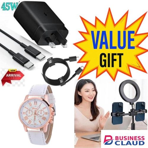 Samsung GOOD SMART PHONE CHARGER HEAD AND CABLE // PHONE ADAPTOR CHARGER// CHARGER HEAD // 45 Watts Fast Charger Adapter for Galaxy A15,A25,A05S,S23FE With Type C Output. AND TRIPOD STAND WITH 2 PHONE HOLDERS AND LUXURY WATCH