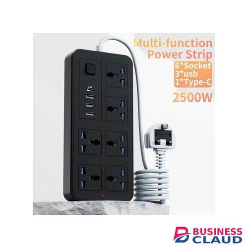 Strip with 6 AC Outlets, 3 USB Ports & 1 Type-C Port – 6FT Extension Cord, Surge Protection – Black Frosted-UK plog