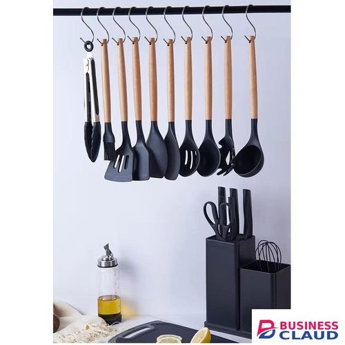19pcs Heat Resistant Silicone Kitchen Accessories With Wood Handle And Cuttings Board Storage Bucket Kitchen Gadget Set.Black Color