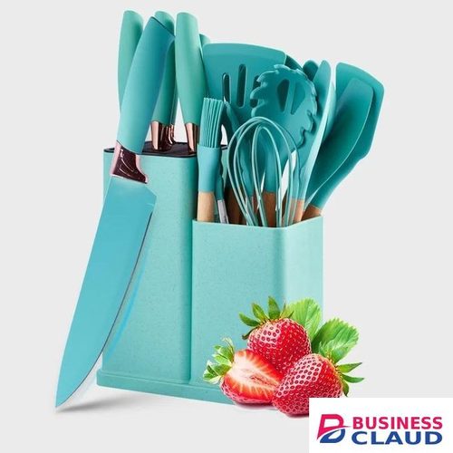 19pcs Heat Resistant Silicone Kitchen Accessories With Wood Handle And Cuttings Board Storage Bucket Kitchen Gadget Set.Green Color