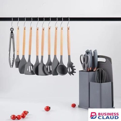19pcs Heat Resistant Silicone Kitchen Accessories With Wood Handle And Cuttings Board Storage Bucket Kitchen Gadget Set.Grey Color