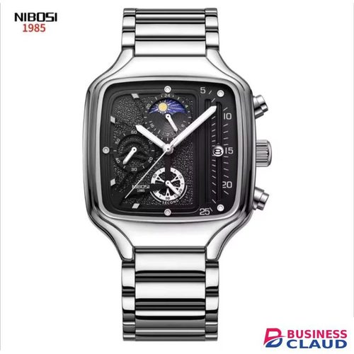 Men's NIBOSI 2573 Quartz Watch – Sleek Stainless Steel, Water Resistant with Moon Phase Dial & Lume