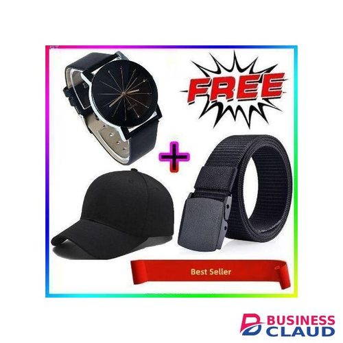 Quartz Dial Wrist Watch Black + Free Canvas Buckle Belt And Cap
