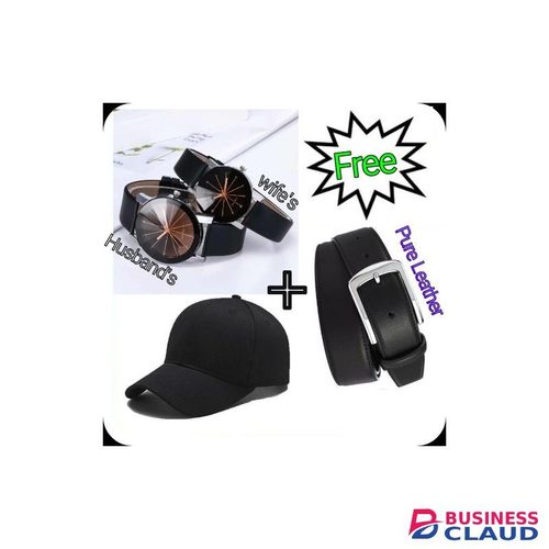 Smart Couples Leather Wrist Watch Black + Crazy Bonus