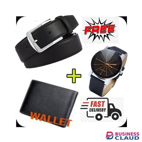 Quality Men Buckle Leather Belt- Black+Wallet + Watch