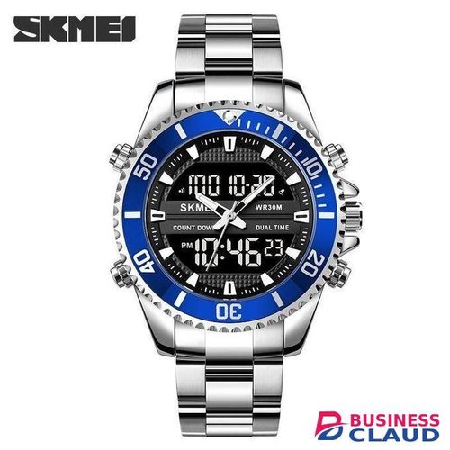 Skmei 1850 digital waterproof Three Time Dual Movement Waterproof Multifunction mens Watch-silver blue