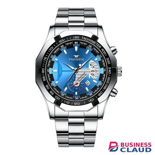 FNGEEN Fashionable Luxury Stainless Steel Luminous Casual Calendar Wrist Watch FZ-S001 Metal Silver & Blue
