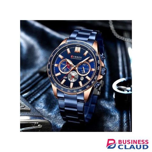 Curren Sports Chronograph Stainless Steel Band Watches Fashion Brand Quartz Men's Wristwatches with Luminous Hands For Men-Blue