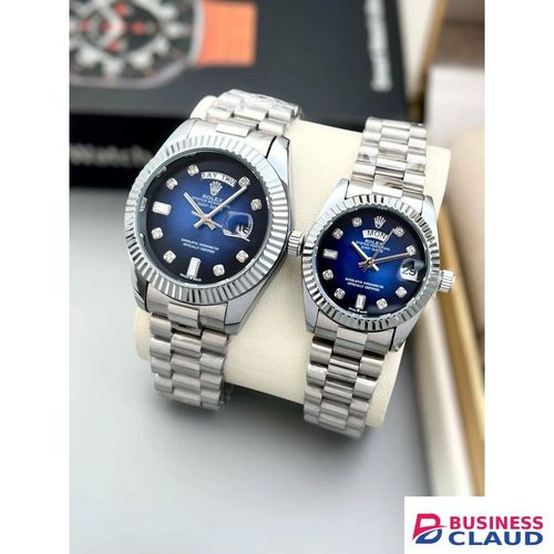 Luxury Couple Quartz Watches – Grey Strap, Blue Diamond Dial (2-Piece Gift Set)