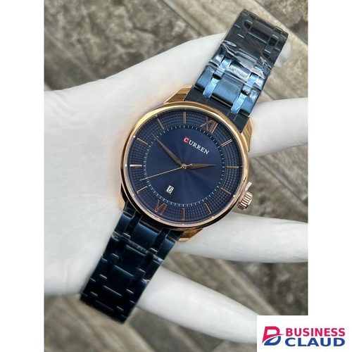 Rose gold wristwatch, blue dial watch, formal timepiece