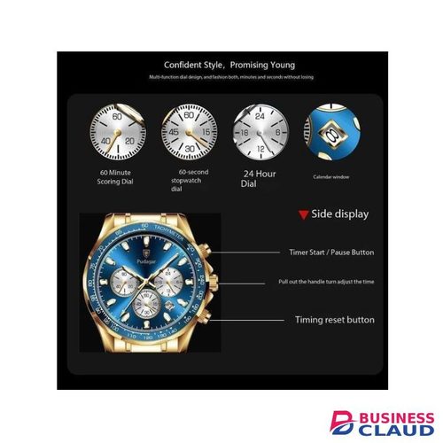 POEDAGAR Luxury Sports Watch Men Quartz Waterproof Luminous Date Chronograph Men’s Watches -Blue & Gold