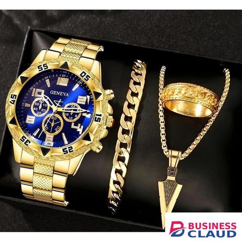 4-piece fashionable gold large dial blue light men's steel strap quartz watch watch necklace bracelet ring set