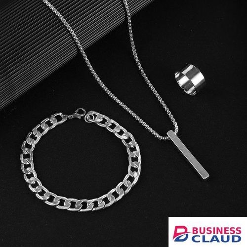 4 IN 1 Men's Quartz Watch Alloy Casual+ Necklace + Ring + Bracelet - Silver