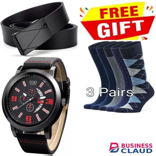 Elegant Leather Automatic Buckle Belt For Men's Official Use COME WITH MEN LUXURIOUS WRIST WATCH & BRACELETS & 3 PAIRS OF SOCKS