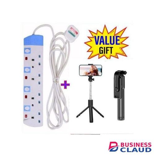 Power King 4-Way Extension with Long Cable & Free Selfie Stick// white