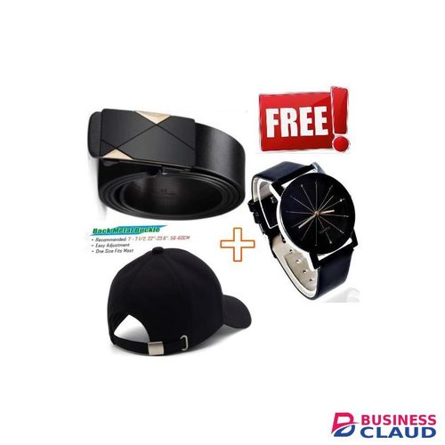 Elegant Black Leather Automatic Buckle Belt For Men's Official Use COME WITH MEN LUXURIOUS WRIST WATCH